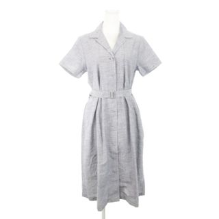 ユニクロ(UNIQLO)のユニクロ × イネス ワンピース シャツ ミモレ半袖 麻 ベルト 総柄 M 紺(ロングワンピース/マキシワンピース)