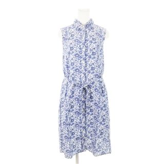 ユニクロ(UNIQLO)のユニクロ リバティ ワンピース シャツ ひざ丈 ノースリーブ 麻 花柄 S 青(ひざ丈ワンピース)