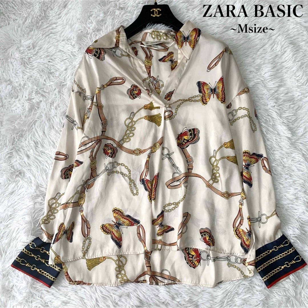 ZARA(ザラ)の【極美品】ZARA BASIC チェーン柄スキッパーシャツ スカーフ柄 蝶々 レディースのトップス(シャツ/ブラウス(長袖/七分))の商品写真