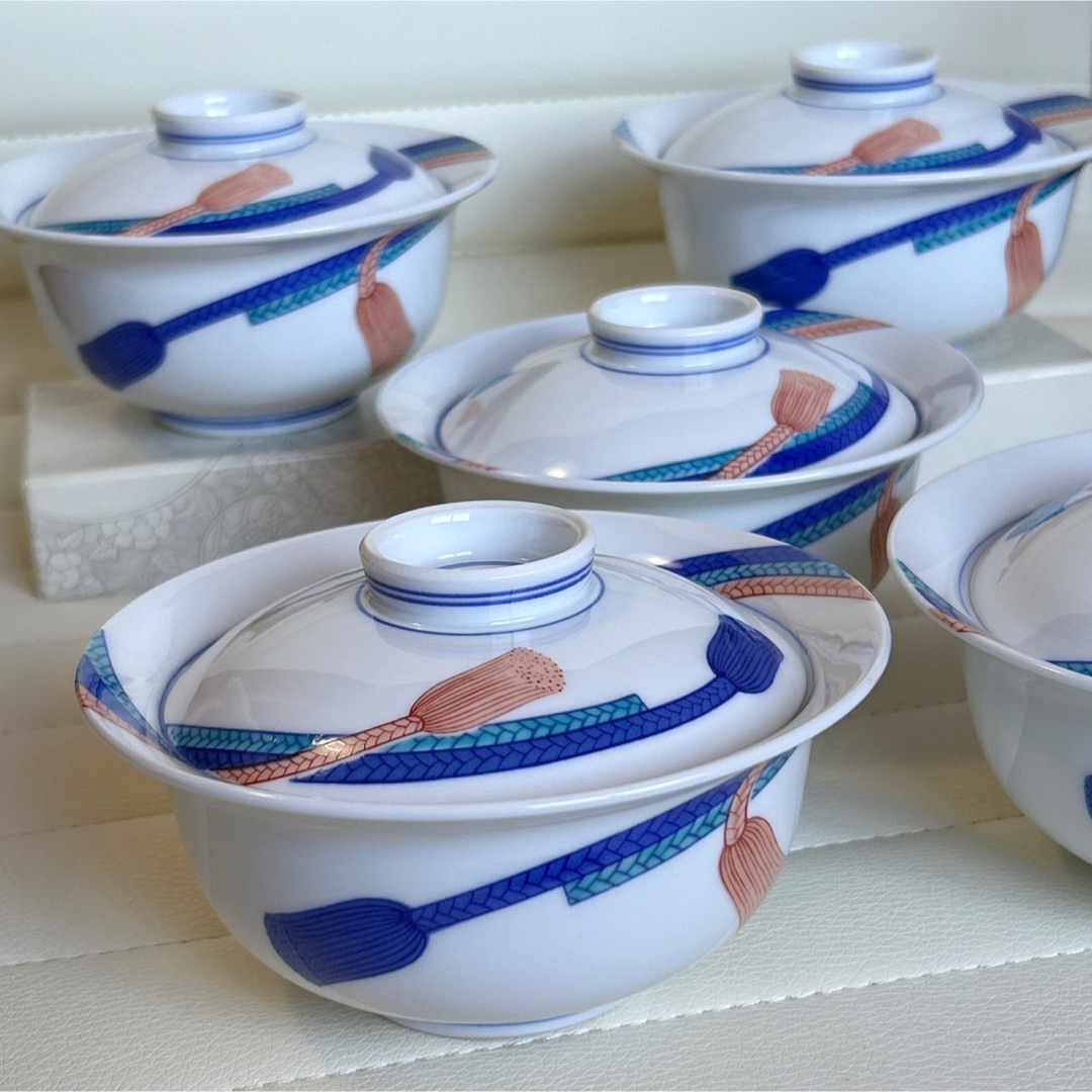 有田焼 其泉窯 蓋付き碗揃 5客 小鉢 煮物鉢 小丼ぶり 色絵 結び 有田焼 其泉窯 蓋付き碗揃 5客 小鉢 煮物鉢 小丼ぶり 色絵 結び