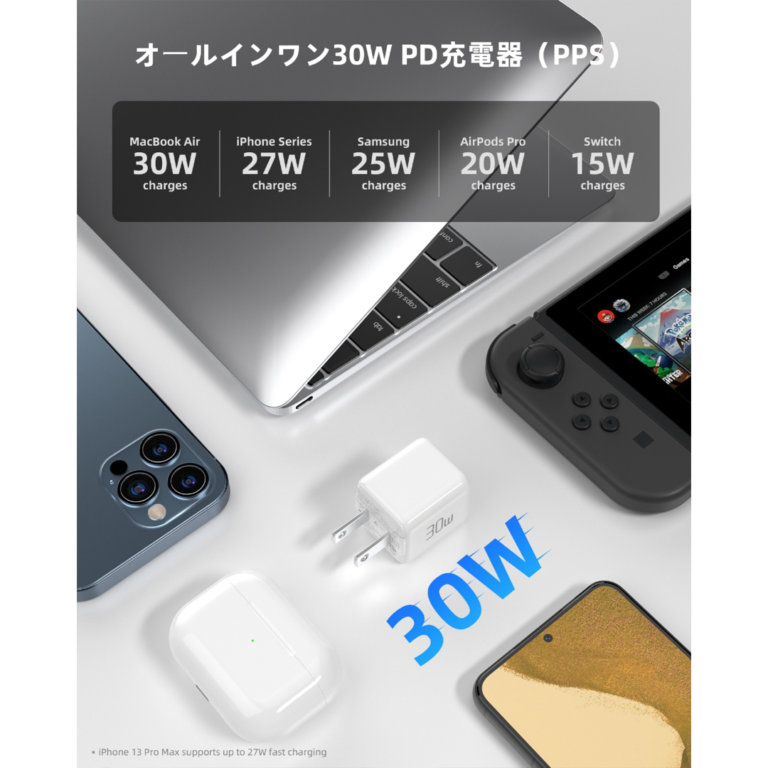 30W急速充電器-type-c 2m USB-Cケーブル付き スマホ/家電/カメラのPC/タブレット(PC周辺機器)の商品写真