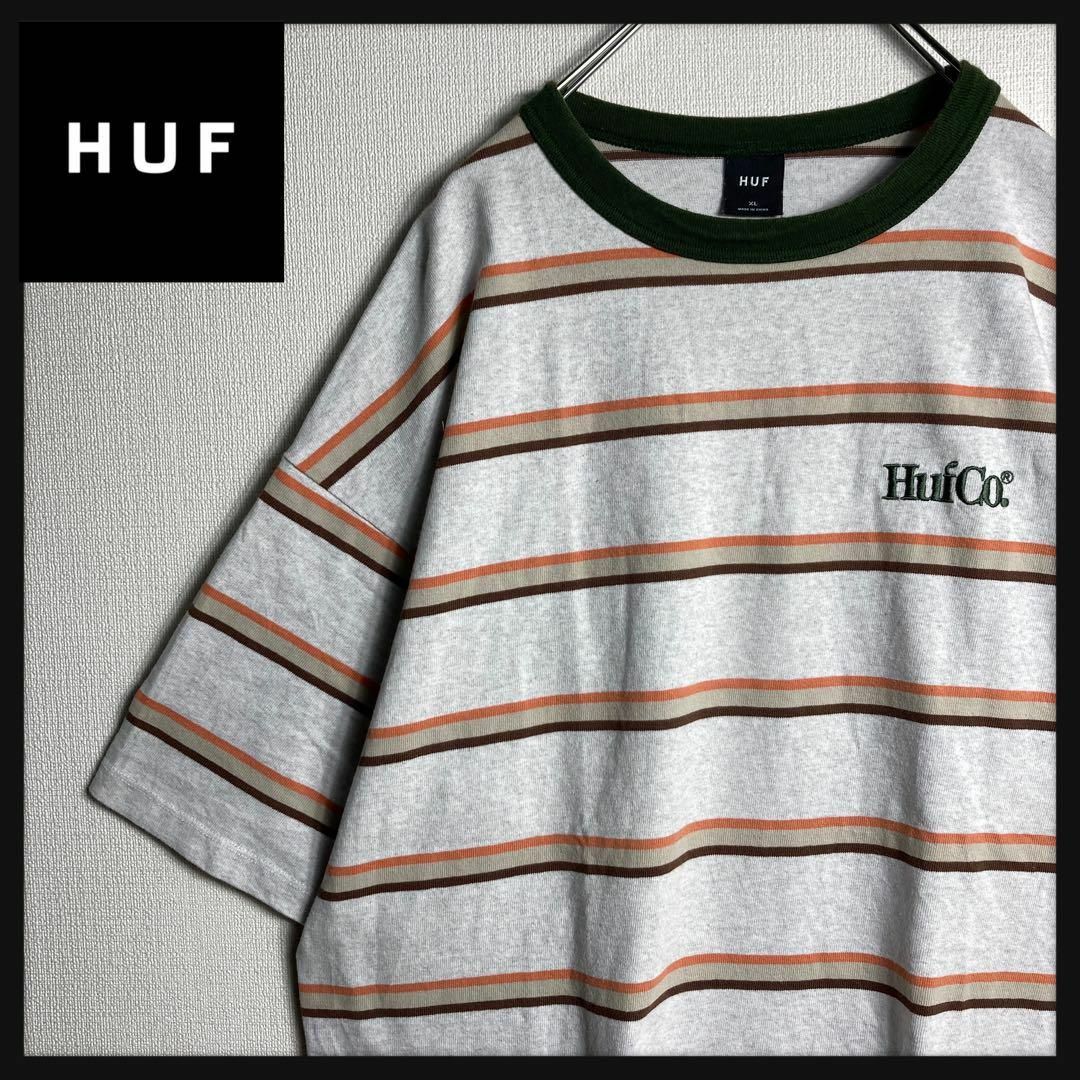 HUF(ハフ)の【希少XLサイズ】ハフ　HUF　ボーダーTシャツ　ワンポイント刺繍ロゴ　人気 メンズのトップス(Tシャツ/カットソー(半袖/袖なし))の商品写真