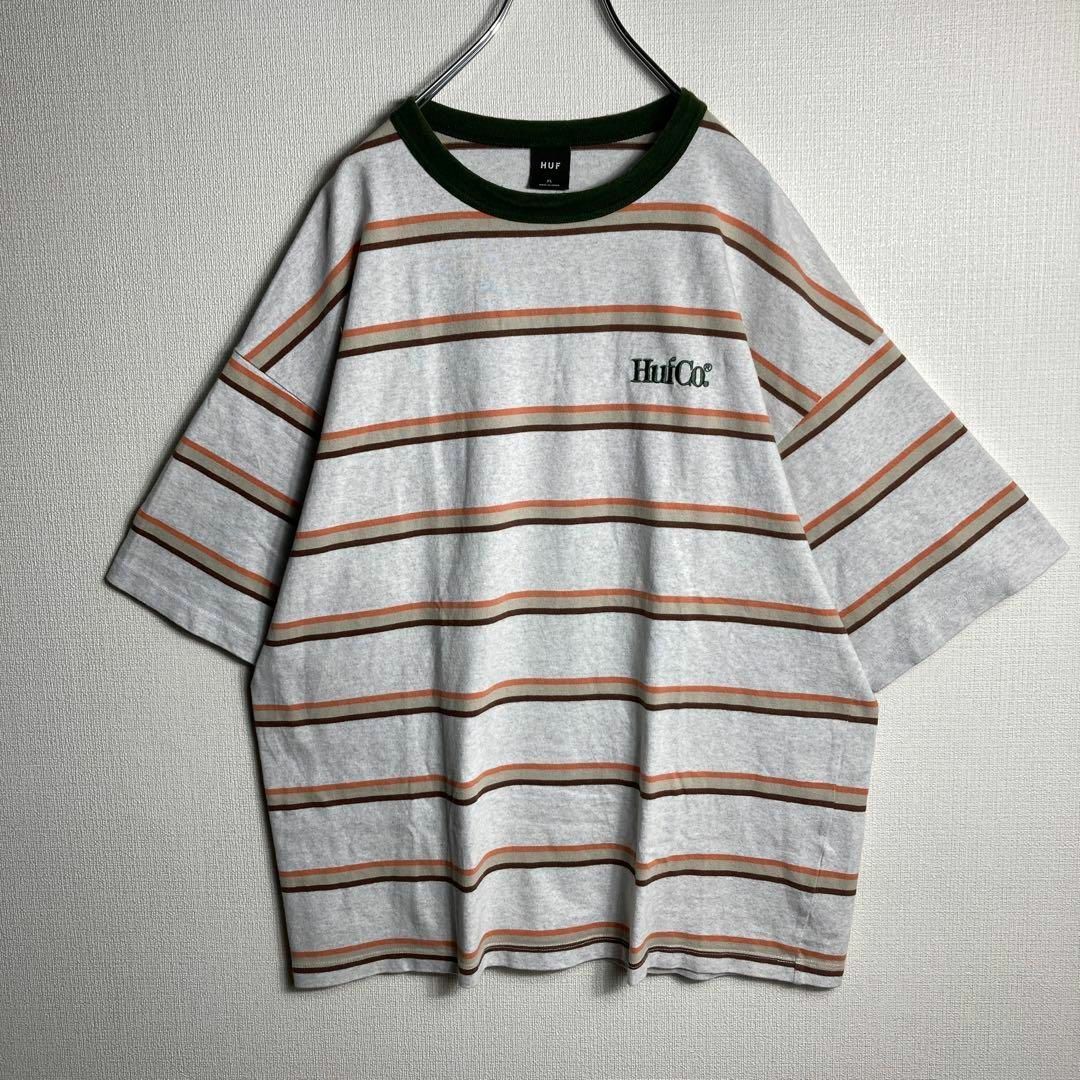 HUF(ハフ)の【希少XLサイズ】ハフ　HUF　ボーダーTシャツ　ワンポイント刺繍ロゴ　人気 メンズのトップス(Tシャツ/カットソー(半袖/袖なし))の商品写真