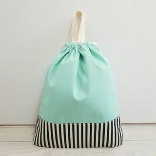 巾着 大サイズ ミントグリーン×ストライプ ハンドメイド(外出用品)