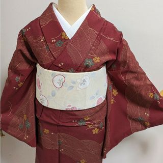 レトロ☆赤茶色に小花柄の洗える小紋（袷）(着物)