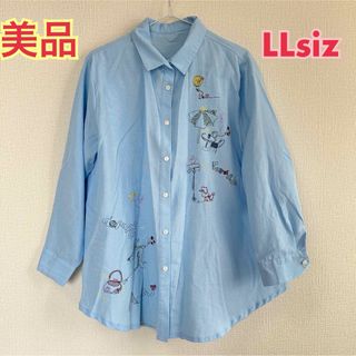 美品 レディース 大きいサイズ 長袖シャツ LL 水色 お出かけ ライトアウター(シャツ/ブラウス(長袖/七分))