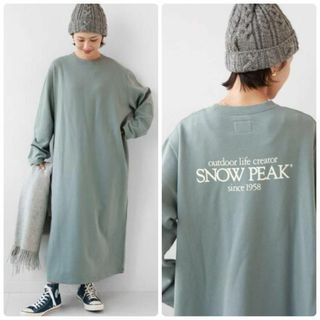 スノーピーク(Snow Peak)の美品 別注スノーピーク×RELUME スウェットワンピース グリーン バックロゴ(ロングワンピース/マキシワンピース)