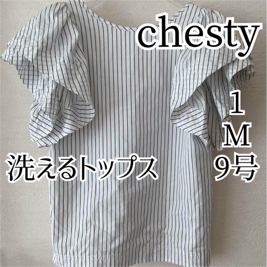 Chesty(チェスティ)のチェスティ トップス 1 M 9号 肩フリル ストライプ 白 ホワイト シャツ レディースのトップス(シャツ/ブラウス(半袖/袖なし))の商品写真