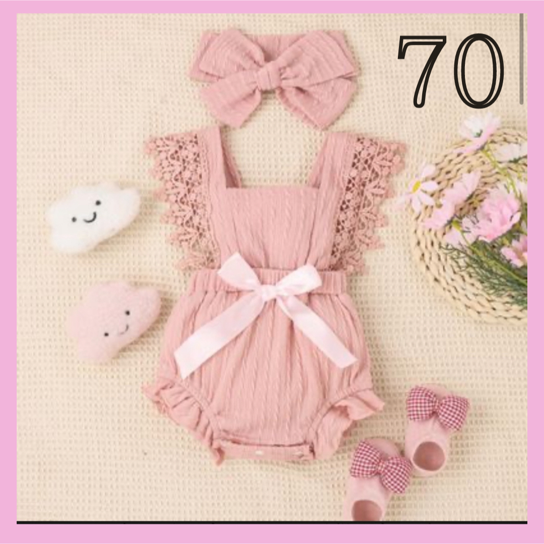 ロンパース　女の子　レース　リボン　オシャレ　可愛い　ピンク　70 キッズ/ベビー/マタニティのベビー服(~85cm)(ロンパース)の商品写真