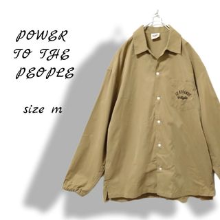 POWER TO THE PEOPLE - シャツ　メンズ　長袖　無地　刺繍　バックプリント　ベージュ　茶　オープンカラー