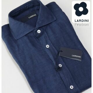 LARDINI - 新品【ラルディーニ】麻100％ ワイドカラー 長袖ドレスシャツ 紺 39(M)