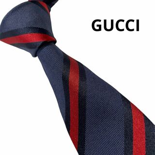 Gucci - GUCCI グッチ　ネクタイ　ストライプ　ネイビー　濃紺　紺　赤　クレストGG柄