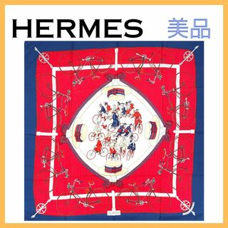 エルメス(Hermes)のエルメス スカーフ レディース シルク カレ90 大判 自転車 レッド ネイビー(バンダナ/スカーフ)