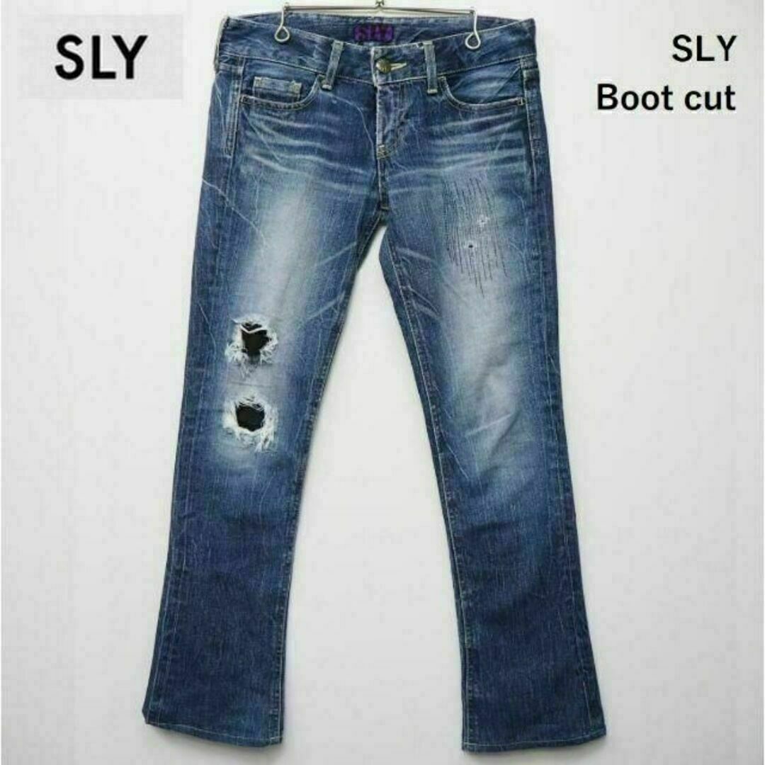 SLY(スライ)のスライ SLY ダメージ リペア加工 ブーツカット デニム パンツw26 レディースのパンツ(デニム/ジーンズ)の商品写真