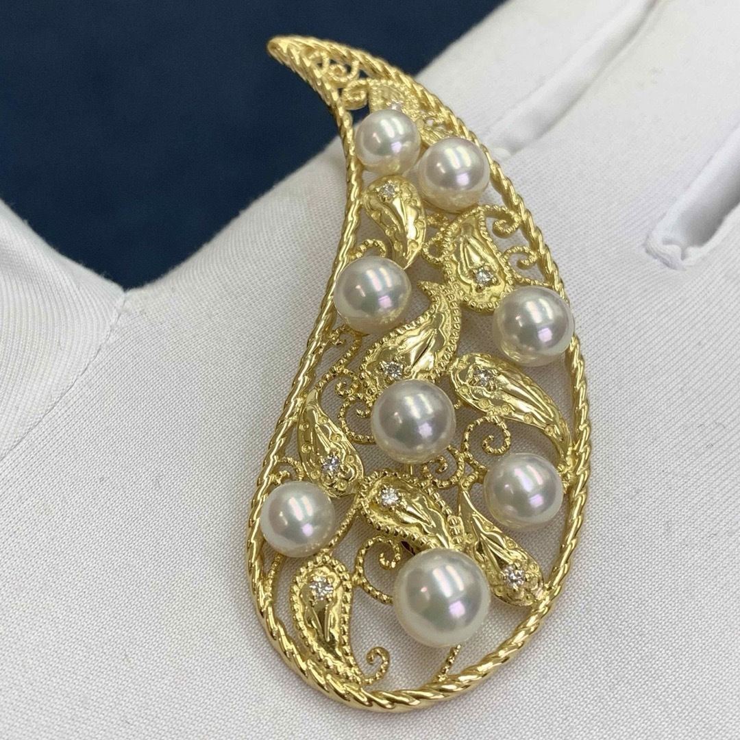 MIKIMOTO(ミキモト)のミキモト　K18YG アコヤ真珠　ダイヤモンド　ブローチ レディースのアクセサリー(ブローチ/コサージュ)の商品写真