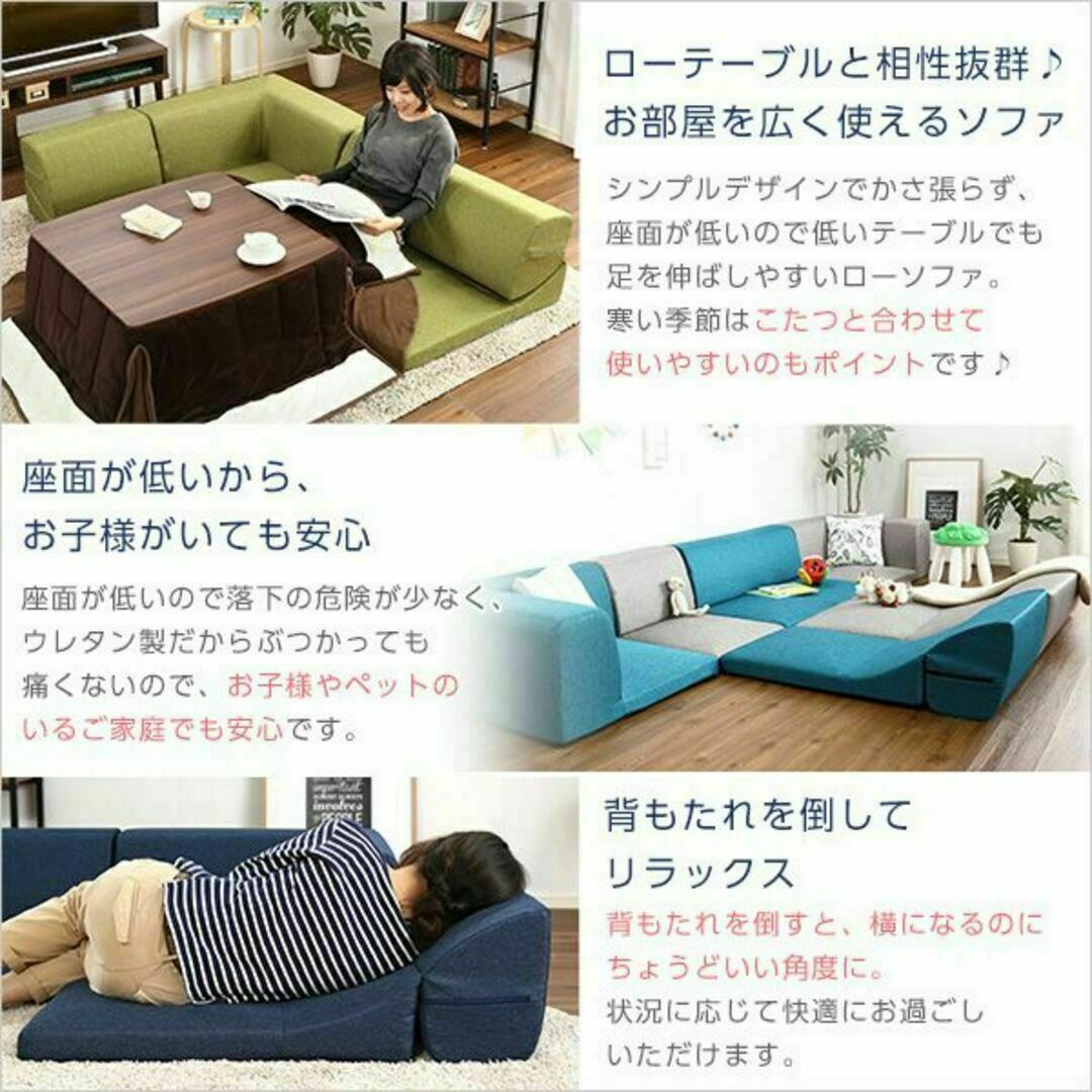 3人掛けコーナーフロアソファ☆ロータイプ☆ファブリック （5色）組み替え自由 インテリア/住まい/日用品のソファ/ソファベッド(ローソファ/フロアソファ)の商品写真