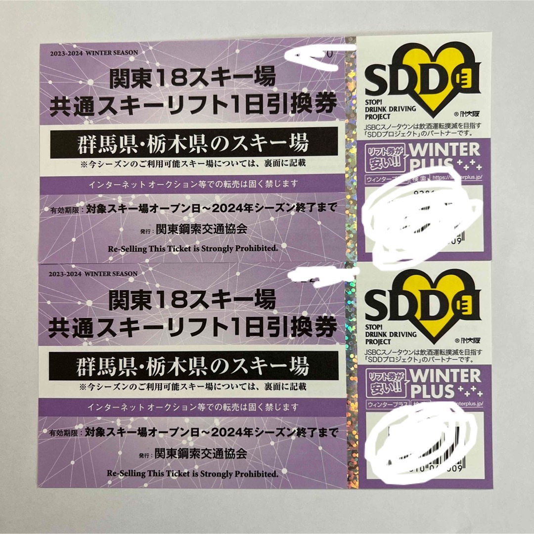 関東18スキー場 共通スキーリフト１日引換券２枚 - スキー場