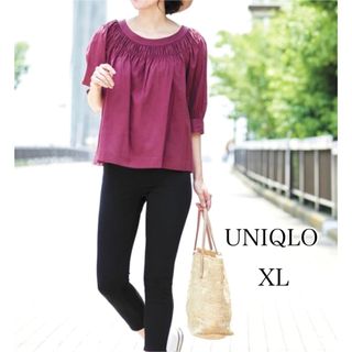 ユニクロ(UNIQLO)のUNIQLO  七分袖  ソフトコットンギャザーブラウス  ボルドー  XL(シャツ/ブラウス(長袖/七分))