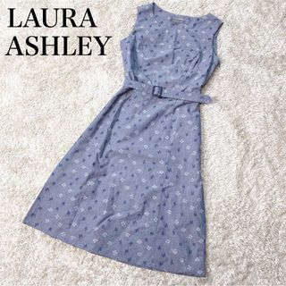 ローラアシュレイ(LAURA ASHLEY)の【美品】ローラアシュレイ クローバー柄 ベルト付き ノースリーブ ワンピース(ひざ丈ワンピース)