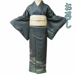 お召し 御召 着物 中古 正絹 袷 フォーマル 花の図 地模様 柳 お召し 御召 着物 中古 正絹 袷 フォーマル 花の図 地模様 柳