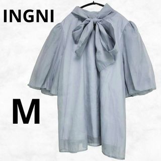 イング(INGNI)の【イング】ボウタイリボン2wayブラウス（M）ブルー バルーンスリーブ 五分丈(シャツ/ブラウス(半袖/袖なし))