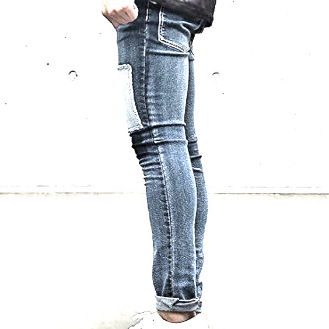 パッチワークデニムパンツ ブルー色 Mサイズ ストレッチジーンズ 新品 メンズのパンツ(デニム/ジーンズ)の商品写真