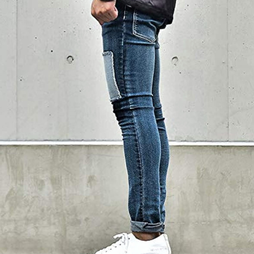 パッチワークデニムパンツ インディゴ色 Mサイズ ストレッチジーンズ 新品 メンズのパンツ(デニム/ジーンズ)の商品写真