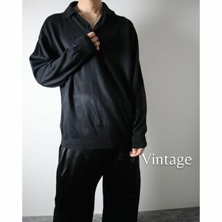 ヴィンテージ(VINTAGE)のワンポイント 刺繍 オーバーサイズ ハイゲージ 長袖ニットポロ XL 黒 90s(ニット/セーター)