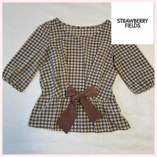 ストロベリーフィールズ(STRAWBERRY-FIELDS)の美品　ストロベリーフィールズ　千鳥格子　ブラウス　リボン(シャツ/ブラウス(長袖/七分))