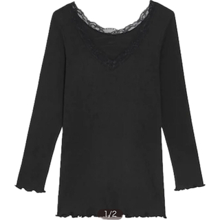 ジーユー(GU)の【新品】ウルトラコットリブレースVネックT (８部袖)ブラック　XL(Tシャツ(長袖/七分))