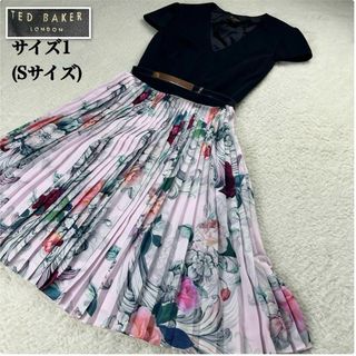 テッドベイカー(TED BAKER)のテッドベイカー✨ベルト付ニット花柄ドッキングワンピース サイズ1(Sサイズ)(ひざ丈ワンピース)