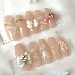 現品ネイルチップ♡リボンネイル♡レースネイル(つけ爪/ネイルチップ)