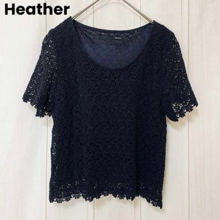 ヘザー(heather)のst804 Heather ヘザー/フラワーレースカットソー/ネイビー(カットソー(半袖/袖なし))