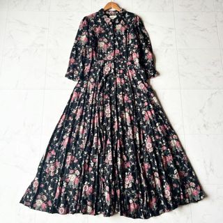 デニムアンドサプライラルフローレン(Denim & Supply Ralph Lauren)のラルフローレン　花柄ロングシャツワンピース　レトロ　黒×ピンク　L(ロングワンピース/マキシワンピース)