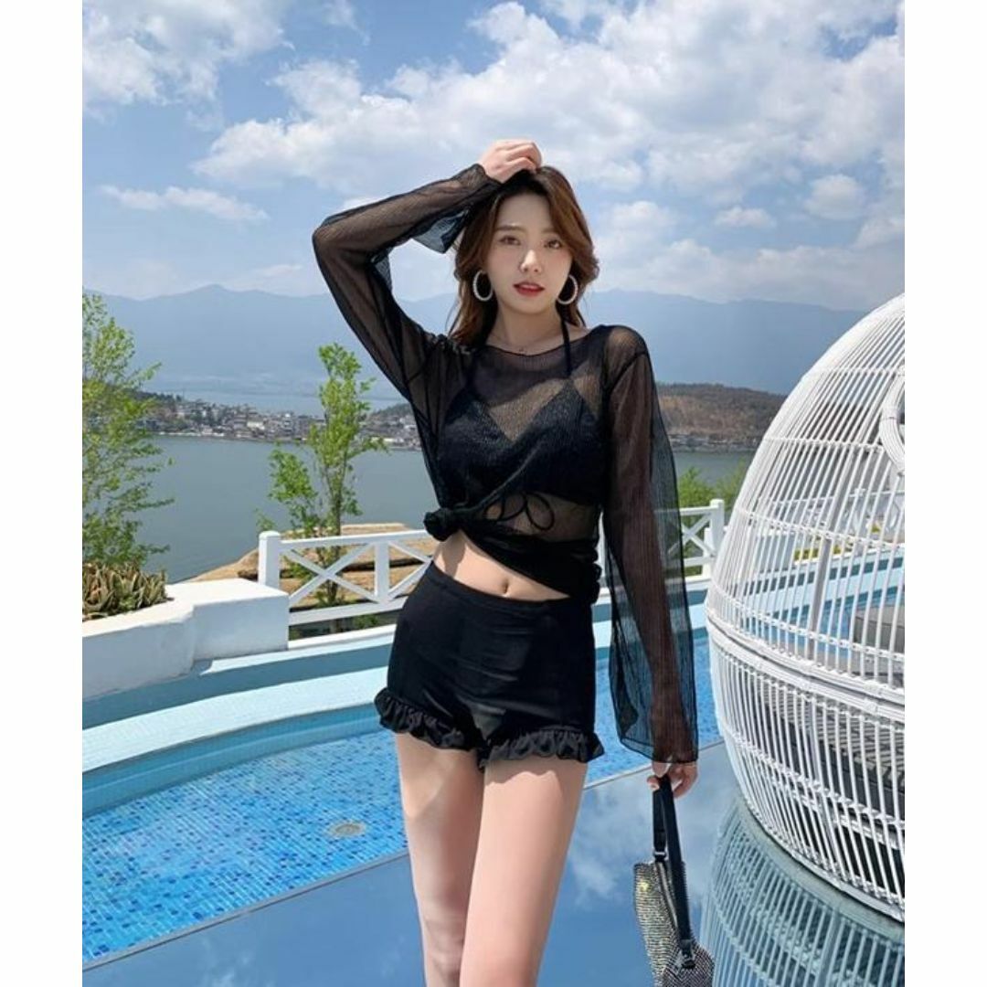 Lサイズ 黒色セパレート水着 体型カバー　3点セット　日焼け防止　韓国 レディースの水着/浴衣(水着)の商品写真