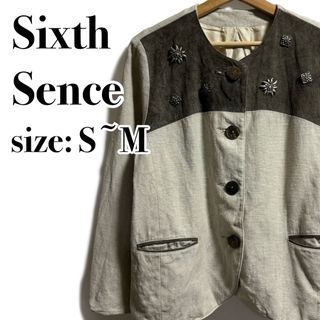 ヴィンテージ(VINTAGE)のSixth Sence チロリアンジャケット　リネン　デザイン　ノーカラー　装飾(ノーカラージャケット)