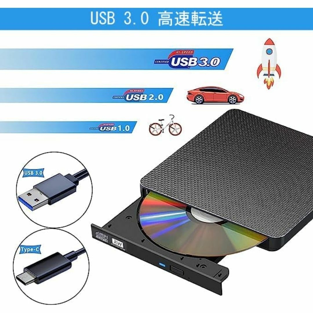 外付CD・DVDドライブ USB3.0/Type Cポート付き CD/DVD読込 スマホ/家電/カメラのテレビ/映像機器(DVDプレーヤー)の商品写真