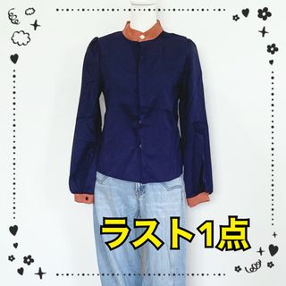 ノーカラーシャツ　ブラウス　とろみシャツ　カットソー　ネイビー　レディース　Ｌ(シャツ/ブラウス(長袖/七分))