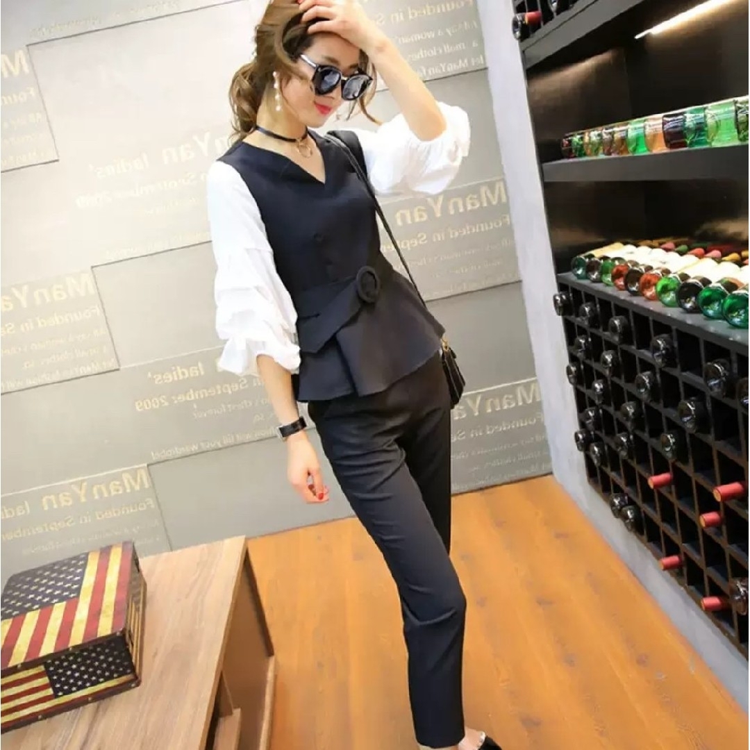 【人気パンツスーツ】ビジネス フォーマル カジュアル セットアップXL ブラック レディースのフォーマル/ドレス(スーツ)の商品写真