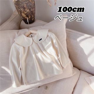 韓国子供服　フリルリボン刺繍付き長袖トップス　ベージュ(Tシャツ/カットソー)