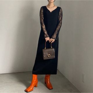 アメリヴィンテージ(Ameri VINTAGE)の未使用新品 ameri LACE REFINED TIGHT DRESS 黒 L(ロングワンピース/マキシワンピース)