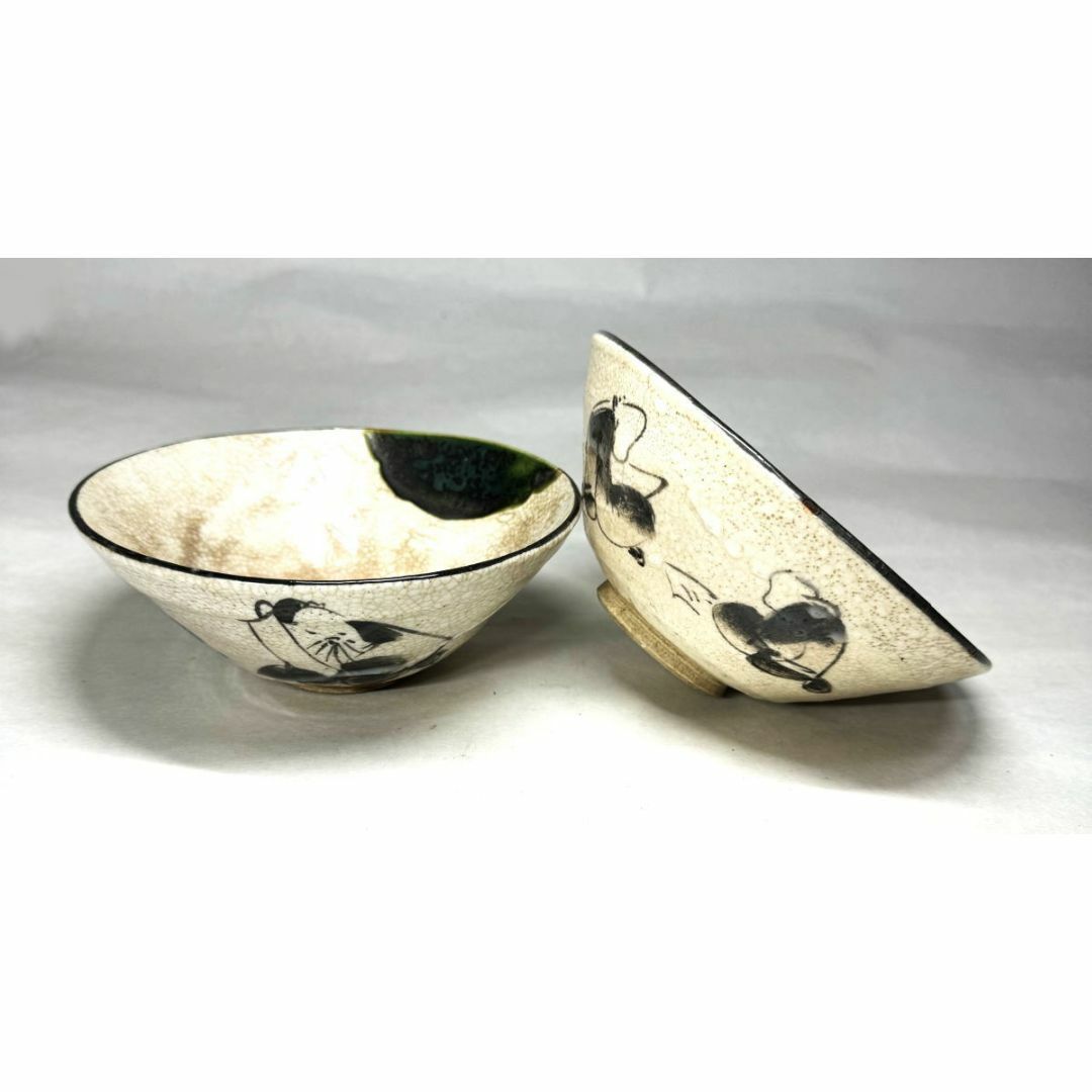 江戸時代 織部茶人文茶碗 2個 古美術 茶碗 ウブ品 入手困難 WWTT044 エンタメ/ホビーの美術品/アンティーク(陶芸)の商品写真