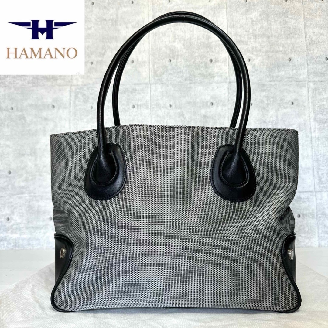 濱野皮革工藝/HAMANO(ハマノヒカクコウゲイ)の【良品】HAMANO 濱野皮革工藝 キャンバス×レザー 肩掛け A4トートバッグ レディースのバッグ(ハンドバッグ)の商品写真