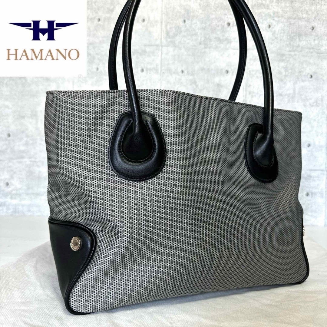 濱野皮革工藝/HAMANO(ハマノヒカクコウゲイ)の【良品】HAMANO 濱野皮革工藝 キャンバス×レザー 肩掛け A4トートバッグ レディースのバッグ(ハンドバッグ)の商品写真