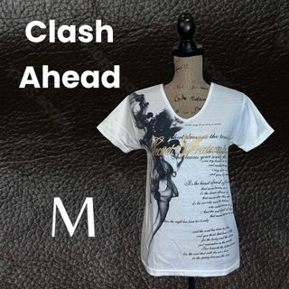 【Clash Ahead】ＶネックプリントT 金　薄手　ホワイト　M(Tシャツ(半袖/袖なし))