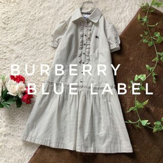 バーバリーブルーレーベル(BURBERRY BLUE LABEL)のバーバリーブルーレーベル　ストライプシャツワンピース　半袖　フレア　ホース刺繍(ひざ丈ワンピース)