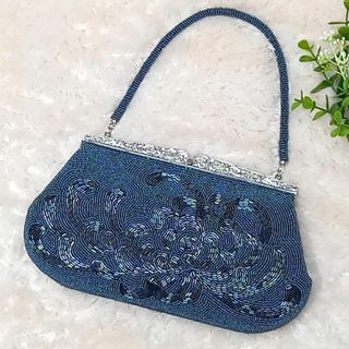 【美品】和装　ビーズバッグ　ハンドバッグ　花柄　菊　がま口　ブルー　ブラック(ハンドバッグ)