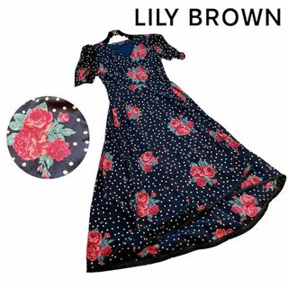 リリーブラウン(Lily Brown)の★美品★リリーブラウン ドット バラ 花柄 カシュクール ラップマキシワンピース(ロングワンピース/マキシワンピース)