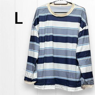 長袖 Tシャツ ボーダー ストリート 韓国 ブルー系 L(Tシャツ(長袖/七分))