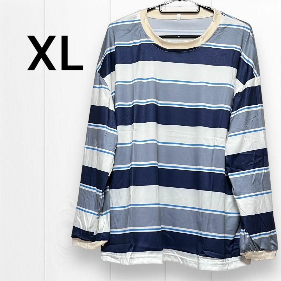 長袖 Tシャツ ボーダー ストリート 韓国 ブルー系 XL レディースのトップス(Tシャツ(長袖/七分))の商品写真